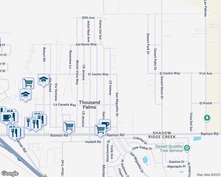 map of restaurants, bars, coffee shops, grocery stores, and more near Calle Helene in Thousand Palms