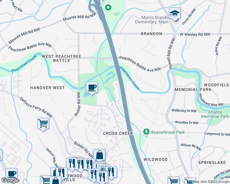 map of restaurants, bars, coffee shops, grocery stores, and more near 146 Elysian Way Northwest in Atlanta