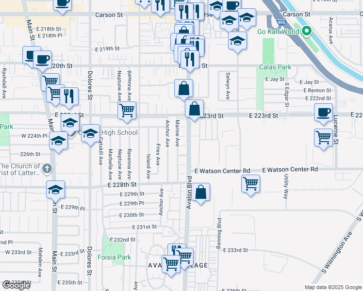 map of restaurants, bars, coffee shops, grocery stores, and more near 618 East 225th Street in Carson