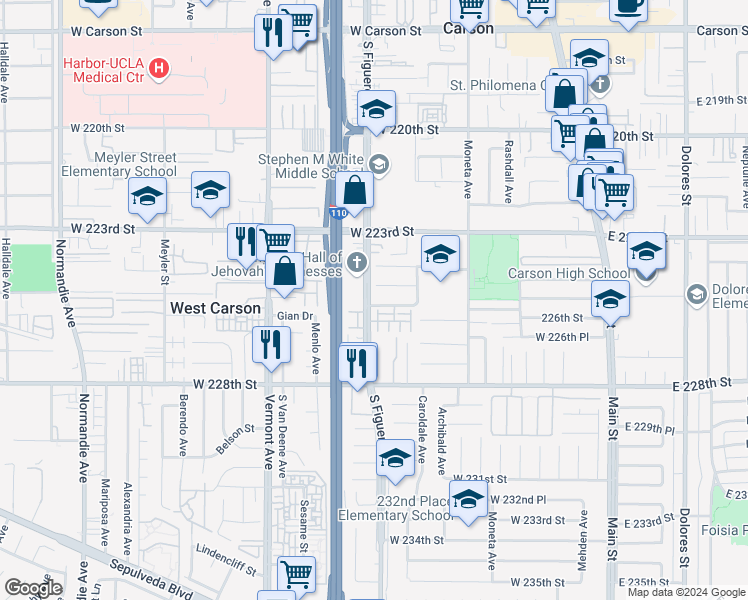 map of restaurants, bars, coffee shops, grocery stores, and more near 555 West Shadwell Street in Carson