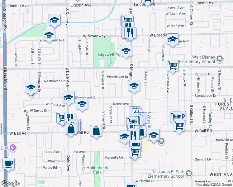 map of restaurants, bars, coffee shops, grocery stores, and more near 728 South Verona Street in Anaheim