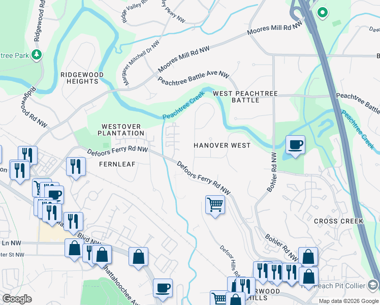 map of restaurants, bars, coffee shops, grocery stores, and more near 2442 Hyde Manor Drive Northwest in Atlanta
