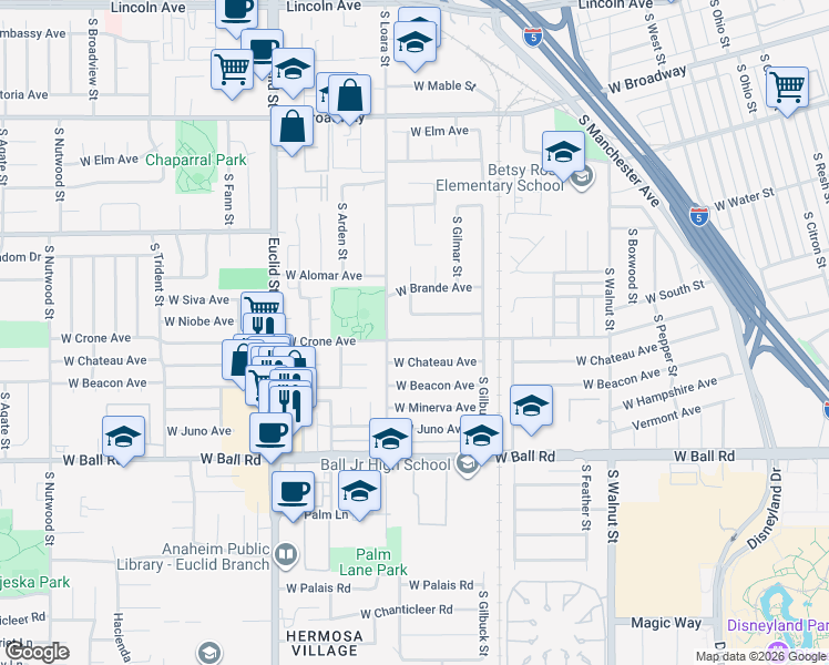 map of restaurants, bars, coffee shops, grocery stores, and more near 1577 West Crone Avenue in Anaheim