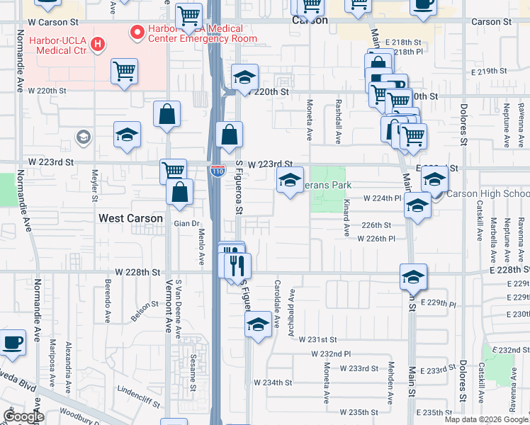 map of restaurants, bars, coffee shops, grocery stores, and more near 513 West Shadwell Street in Carson