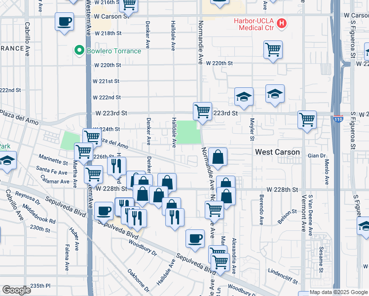 map of restaurants, bars, coffee shops, grocery stores, and more near 1332 West 225th Street in Torrance