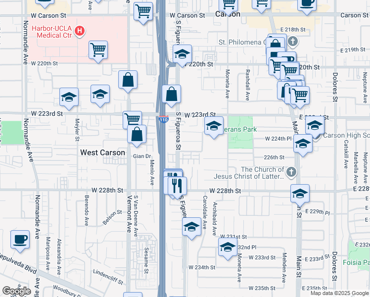 map of restaurants, bars, coffee shops, grocery stores, and more near 543 West Shadwell Street in Carson