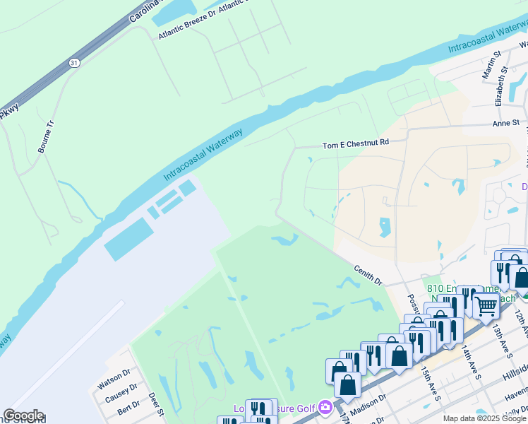 map of restaurants, bars, coffee shops, grocery stores, and more near 107 Cashmere Lane in North Myrtle Beach