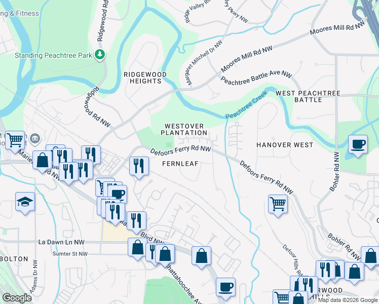 map of restaurants, bars, coffee shops, grocery stores, and more near 2564 Defoors Ferry Road Northwest in Atlanta