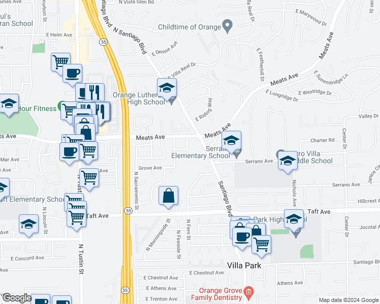 map of restaurants, bars, coffee shops, grocery stores, and more near 2035 North Mori Lane in Orange