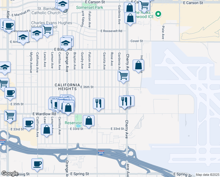 map of restaurants, bars, coffee shops, grocery stores, and more near 3591 Rose Avenue in Long Beach