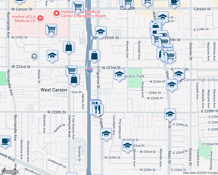 map of restaurants, bars, coffee shops, grocery stores, and more near 513 West Shadwell Street in Carson
