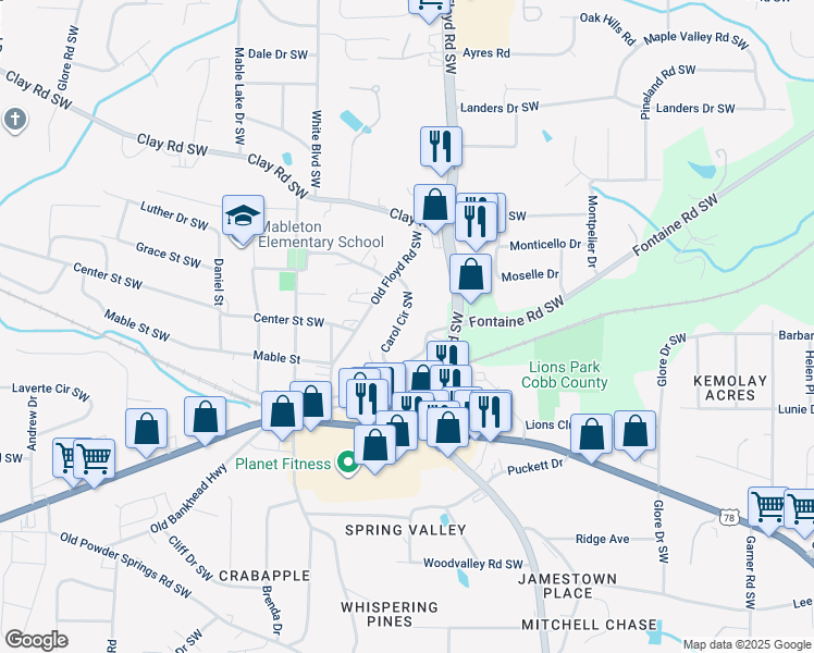 map of restaurants, bars, coffee shops, grocery stores, and more near 5417 Carol Circle Southwest in Mableton