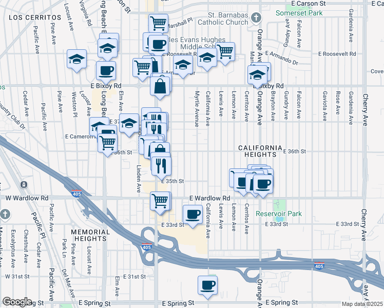 map of restaurants, bars, coffee shops, grocery stores, and more near 824 East 36th Street in Long Beach