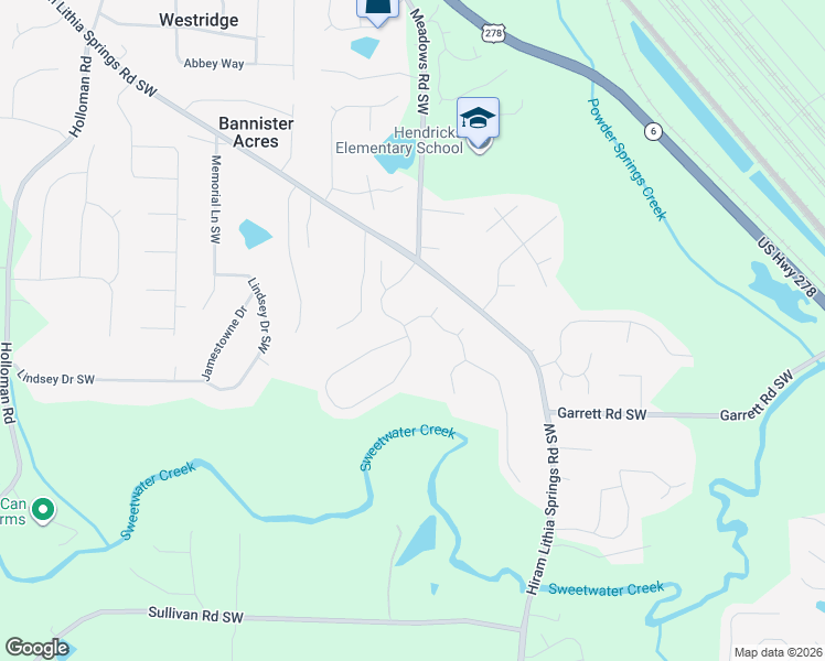 map of restaurants, bars, coffee shops, grocery stores, and more near 4131 Sweetsprings Terrace Southwest in Powder Springs