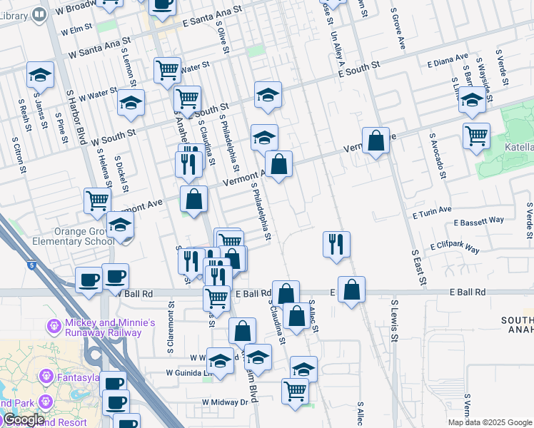 map of restaurants, bars, coffee shops, grocery stores, and more near 956 South Philadelphia Street in Anaheim