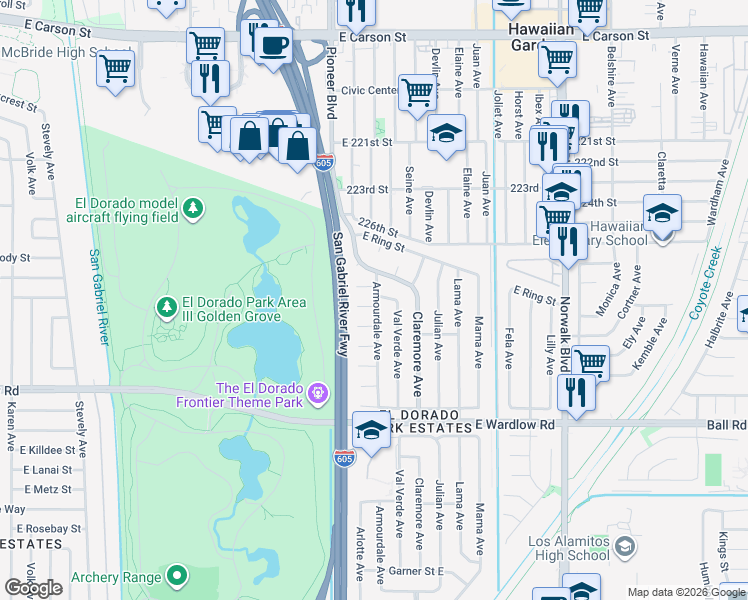 map of restaurants, bars, coffee shops, grocery stores, and more near 7825 East Tula Street in Long Beach
