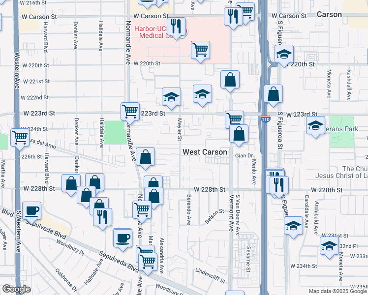 map of restaurants, bars, coffee shops, grocery stores, and more near 1052 West 225th Street in Torrance