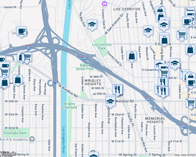 map of restaurants, bars, coffee shops, grocery stores, and more near 524 W 38th St in Long Beach
