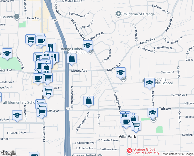 map of restaurants, bars, coffee shops, grocery stores, and more near 2035 North Mori Lane in Orange