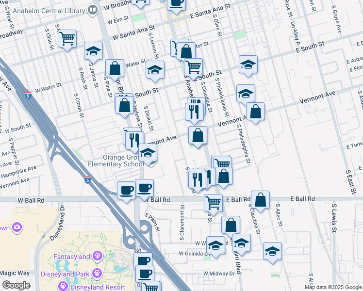 map of restaurants, bars, coffee shops, grocery stores, and more near 905 South Lemon Street in Anaheim