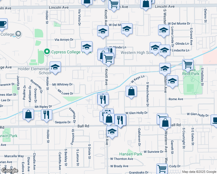 map of restaurants, bars, coffee shops, grocery stores, and more near in Buena Park