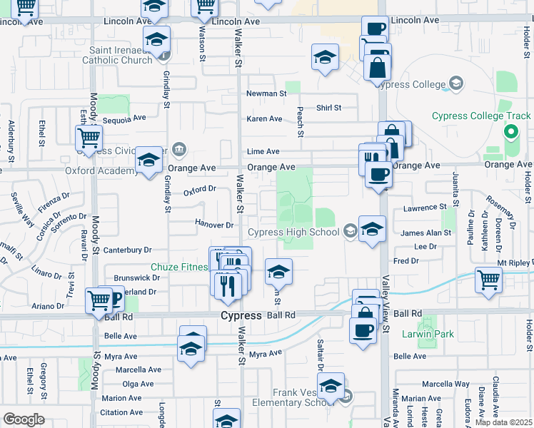 map of restaurants, bars, coffee shops, grocery stores, and more near 9651 Graham Street in Cypress