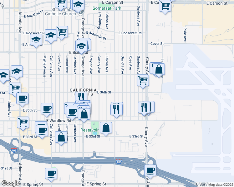 map of restaurants, bars, coffee shops, grocery stores, and more near 3590 Walnut Avenue in Long Beach