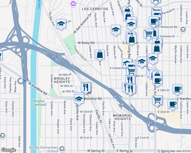 map of restaurants, bars, coffee shops, grocery stores, and more near 3602 Cedar Avenue in Long Beach