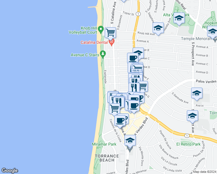 map of restaurants, bars, coffee shops, grocery stores, and more near 1405 South Catalina Avenue in Redondo Beach