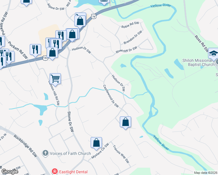 map of restaurants, bars, coffee shops, grocery stores, and more near 4772 Castlewood Drive Southwest in Lilburn