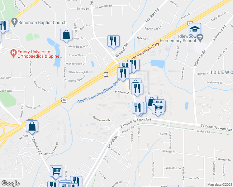 map of restaurants, bars, coffee shops, grocery stores, and more near 3809 Brockett Trail in Clarkston