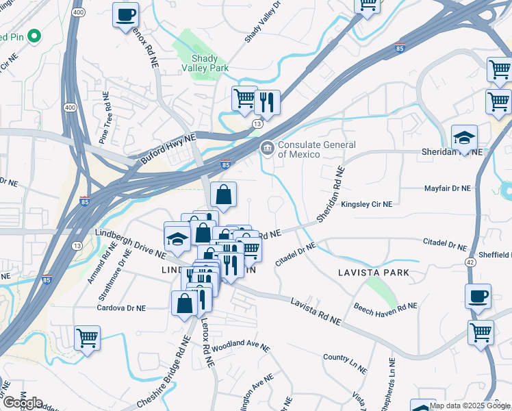 map of restaurants, bars, coffee shops, grocery stores, and more near 2469 Elizabeth Ann Lane Northeast in Atlanta