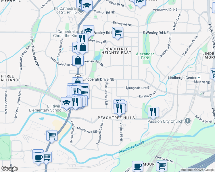 map of restaurants, bars, coffee shops, grocery stores, and more near 132 Springdale Drive Northeast in Atlanta