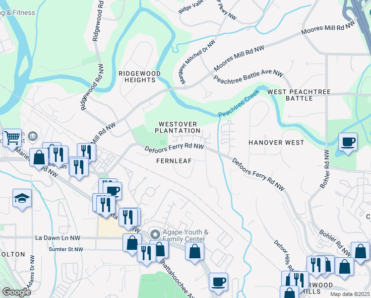 map of restaurants, bars, coffee shops, grocery stores, and more near 2580 Defoors Ferry Road Northwest in Atlanta