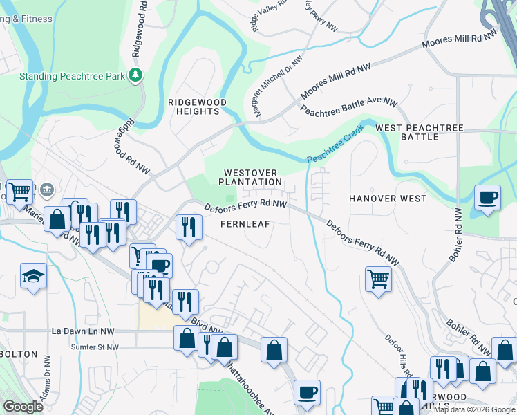 map of restaurants, bars, coffee shops, grocery stores, and more near 2564 Defoors Ferry Road Northwest in Atlanta