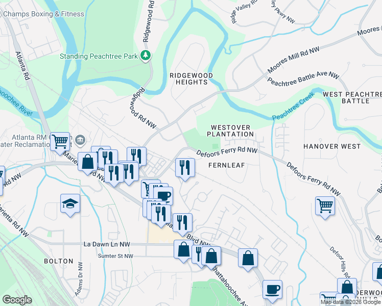 map of restaurants, bars, coffee shops, grocery stores, and more near 1781 Warren Court Northwest in Atlanta