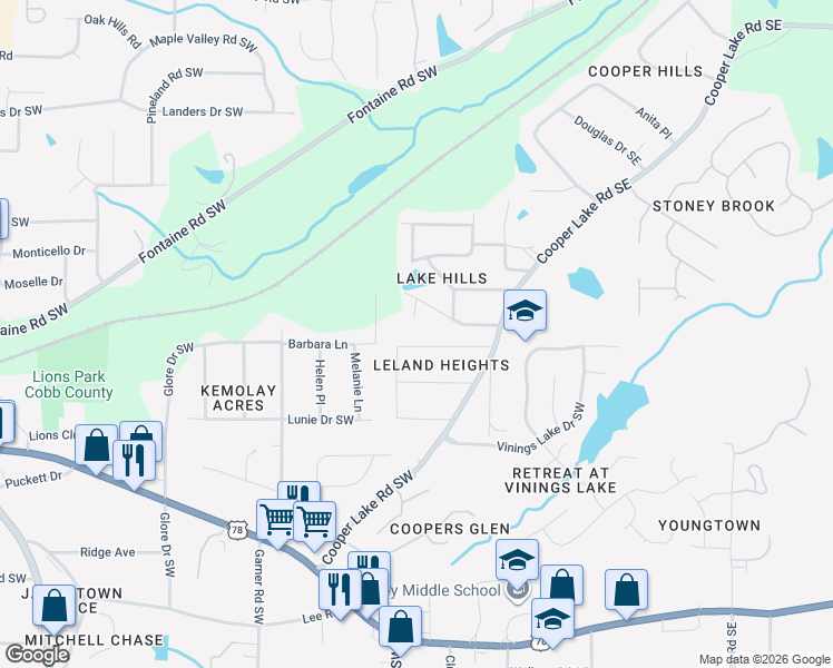 map of restaurants, bars, coffee shops, grocery stores, and more near 126 Strickland Drive Southwest in Mableton