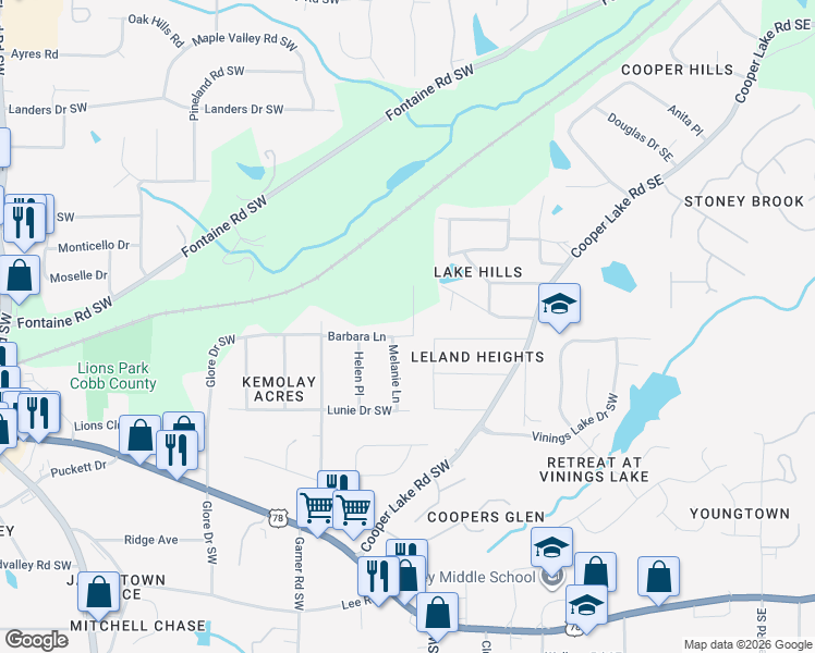 map of restaurants, bars, coffee shops, grocery stores, and more near 184 Barbara Lane in Mableton