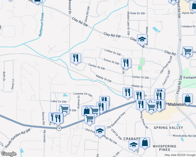 map of restaurants, bars, coffee shops, grocery stores, and more near 1195 Mable Street Southwest in Mableton