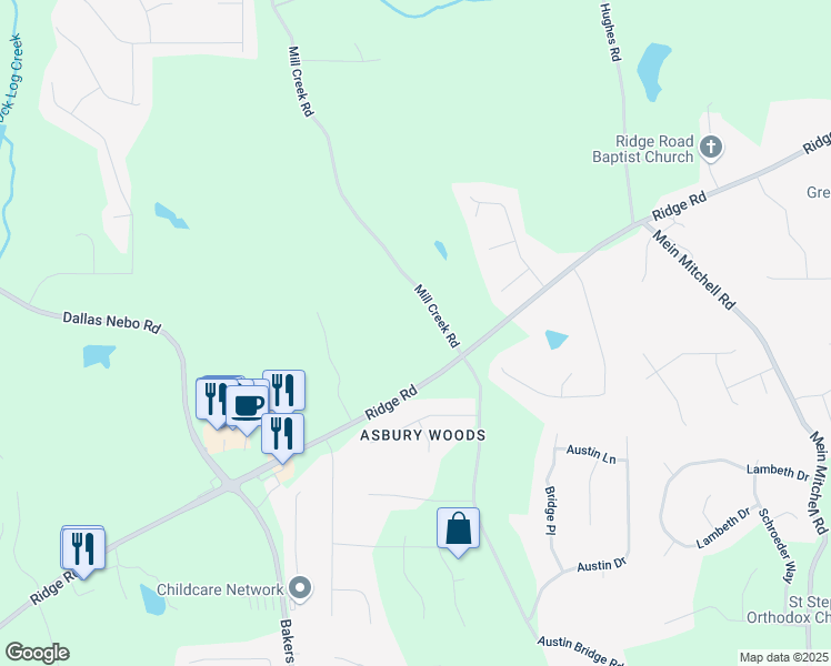 map of restaurants, bars, coffee shops, grocery stores, and more near 5295 Ridge Road in Douglasville