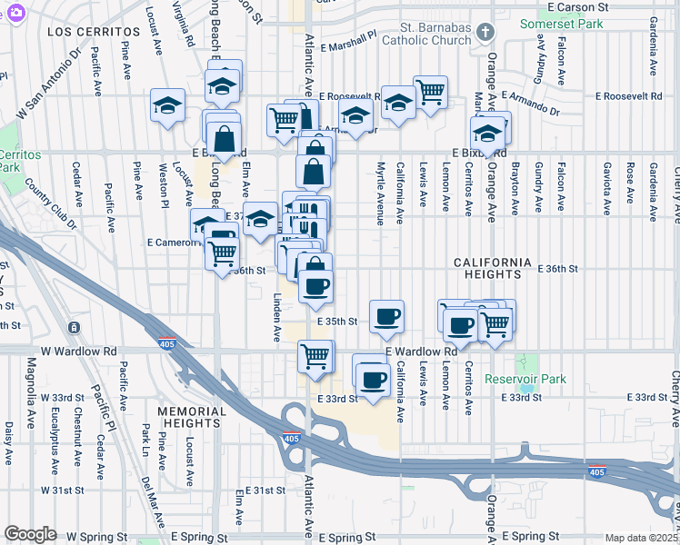 map of restaurants, bars, coffee shops, grocery stores, and more near 3598 Lime Avenue in Long Beach