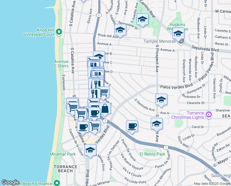 map of restaurants, bars, coffee shops, grocery stores, and more near 332 Avenue E in Redondo Beach