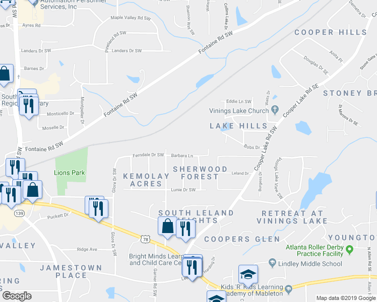 map of restaurants, bars, coffee shops, grocery stores, and more near 234 Barbara Lane in Mableton
