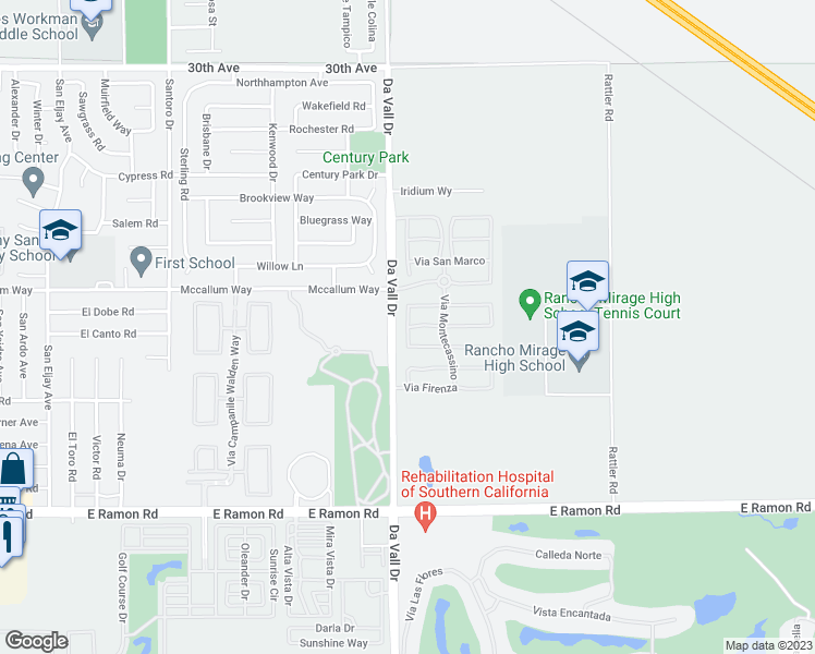 map of restaurants, bars, coffee shops, grocery stores, and more near Via Siena in Rancho Mirage