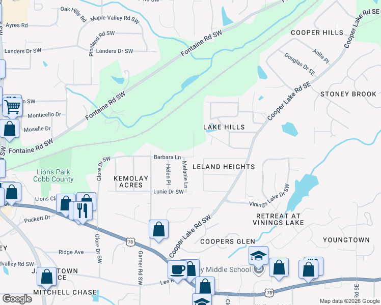map of restaurants, bars, coffee shops, grocery stores, and more near 184 Barbara Lane in Mableton
