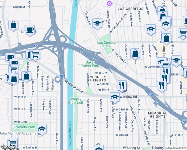 map of restaurants, bars, coffee shops, grocery stores, and more near 3719 Maine Avenue in Long Beach