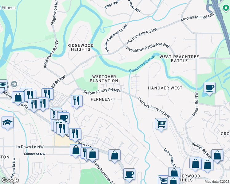 map of restaurants, bars, coffee shops, grocery stores, and more near 2556 Defoors Ferry Road Northwest in Atlanta