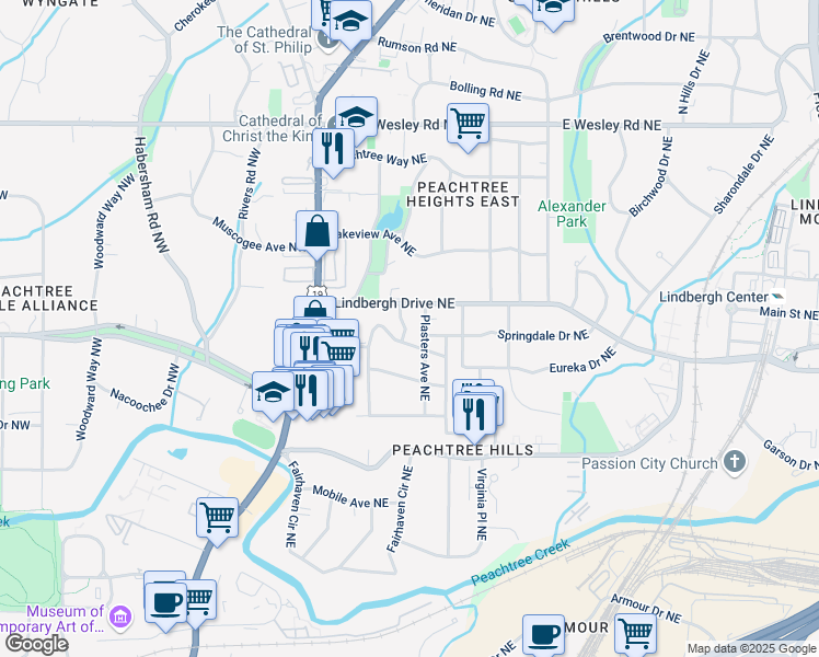 map of restaurants, bars, coffee shops, grocery stores, and more near 208 Terrace Drive Northeast in Atlanta