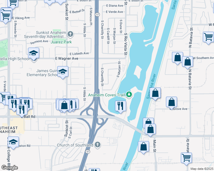 map of restaurants, bars, coffee shops, grocery stores, and more near 2730 East Paladin Court in Anaheim