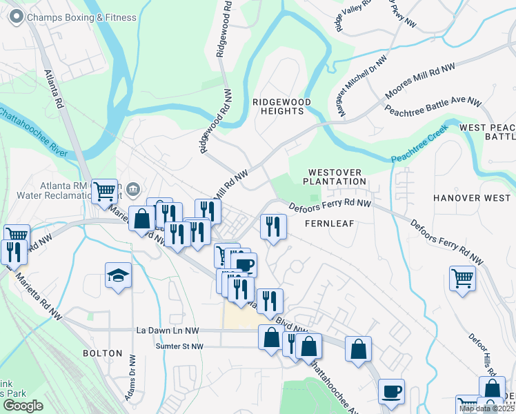 map of restaurants, bars, coffee shops, grocery stores, and more near 2749 Defoors Ferry Rd NW in Atlanta